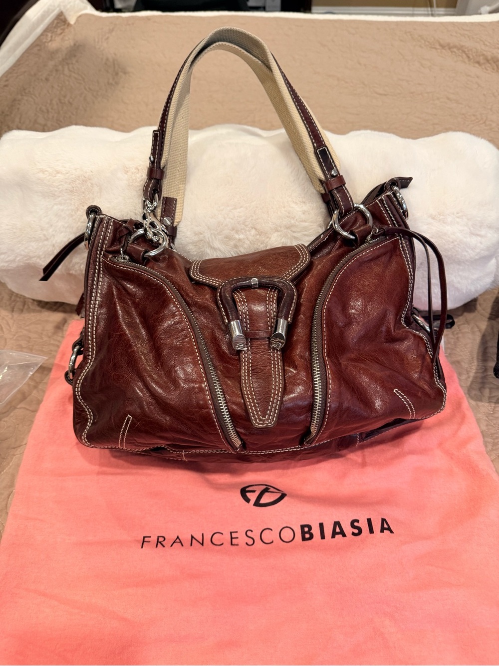 Francesco Biasia Distressed Chestnut Brown Leather Shoulder Bag